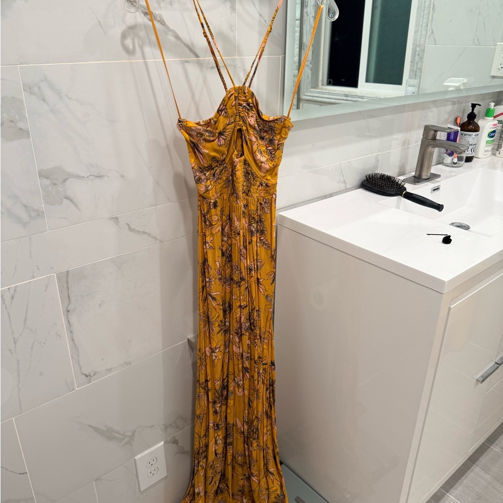 Free People Mustard Floral Maxi Dress with Spaghetti Straps